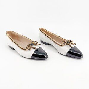 Chanel Chain Bow Ballet Flats EU 37.5 US 6.5-7 White Cap Toe Slip on Loafer Shoe